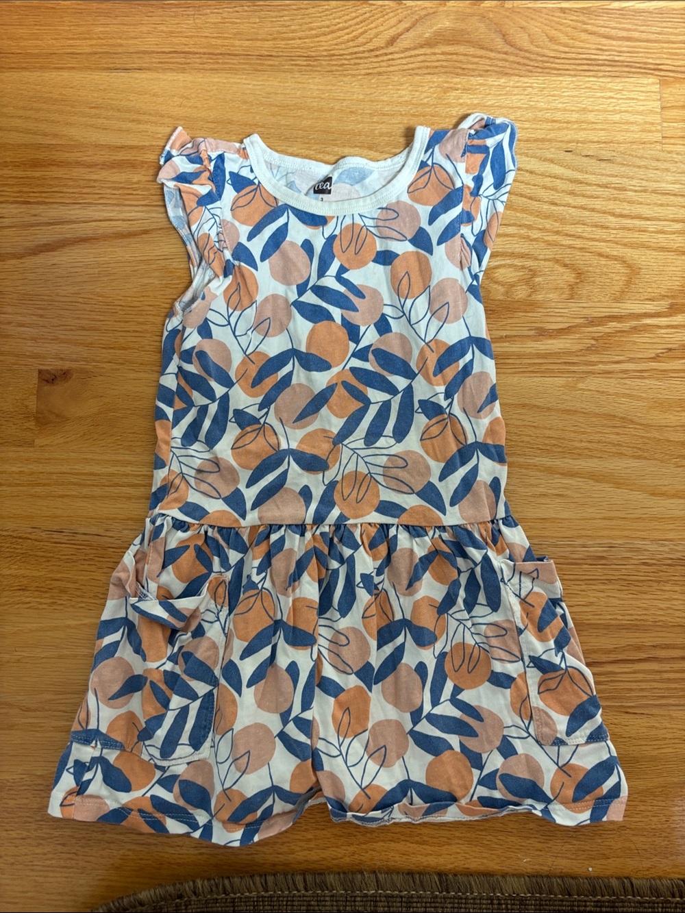 Tea Collection Blue & Peach Leaf Print Cotton Dress